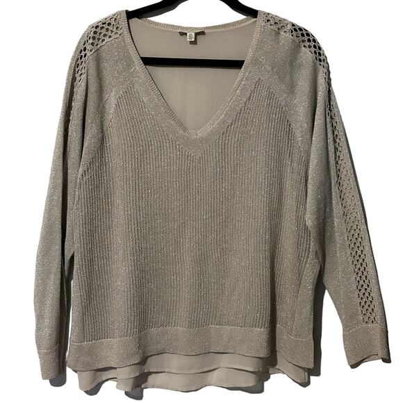 Lucky Brand Women's Sz Large V Neck Knit Metallic Champagne Sweater Ivory Lined - Picture 1 of 9